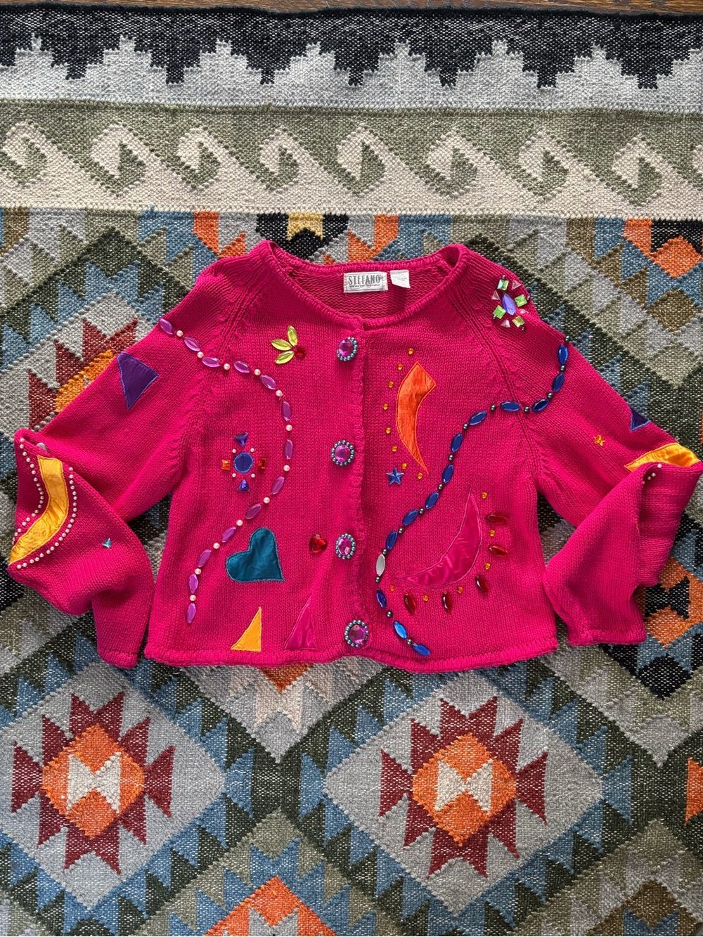 Vintage 80s Chunky Knit Stefano Embroidered Beaded Funky Cardigan